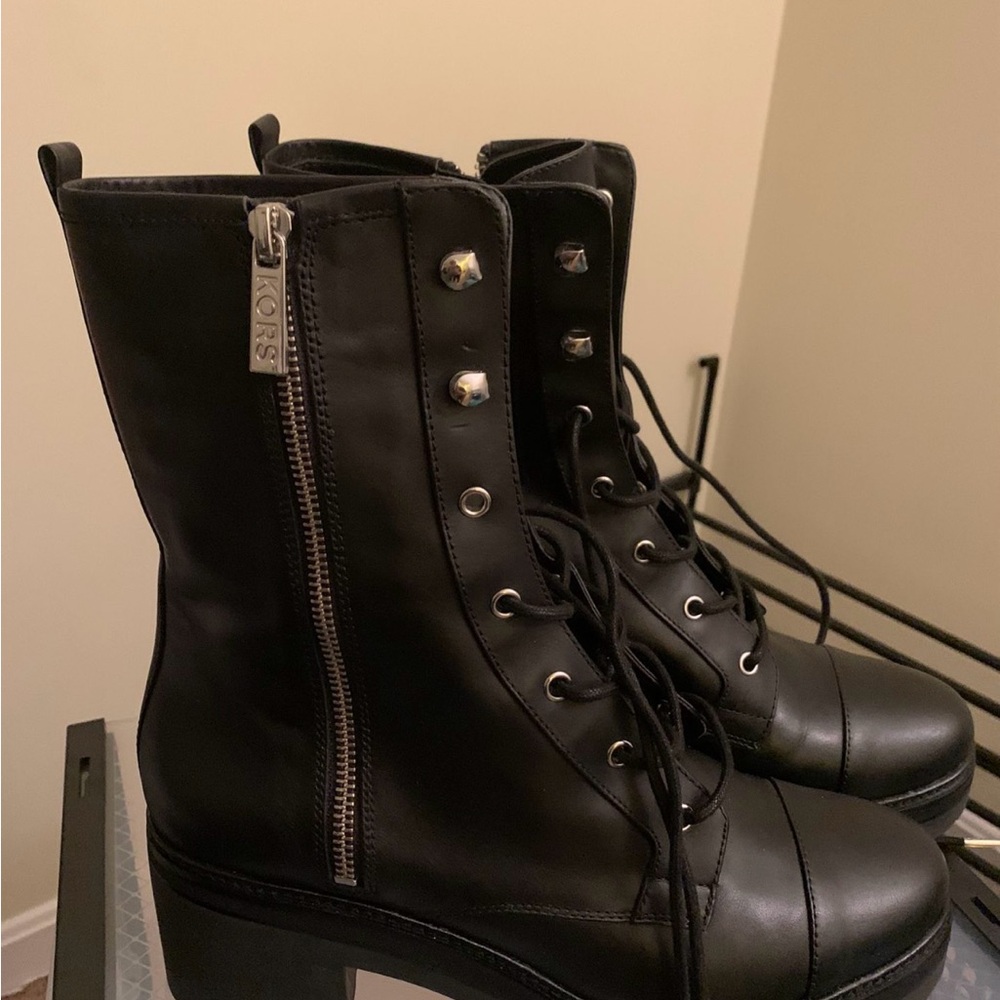 **Pre-Loved** Michael Kors Black Leather Combat Boots with Silver Accents